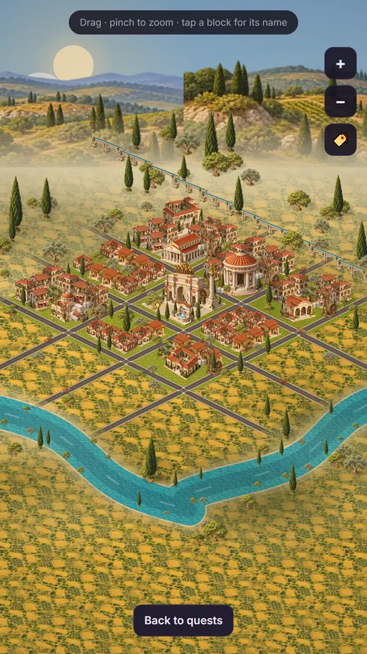 A Roman city of temples, homes and an aqueduct, built by finishing quests.