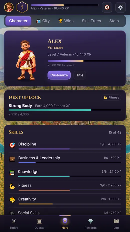 The Hero screen: a block character, the next unlock and progress in seven skills.