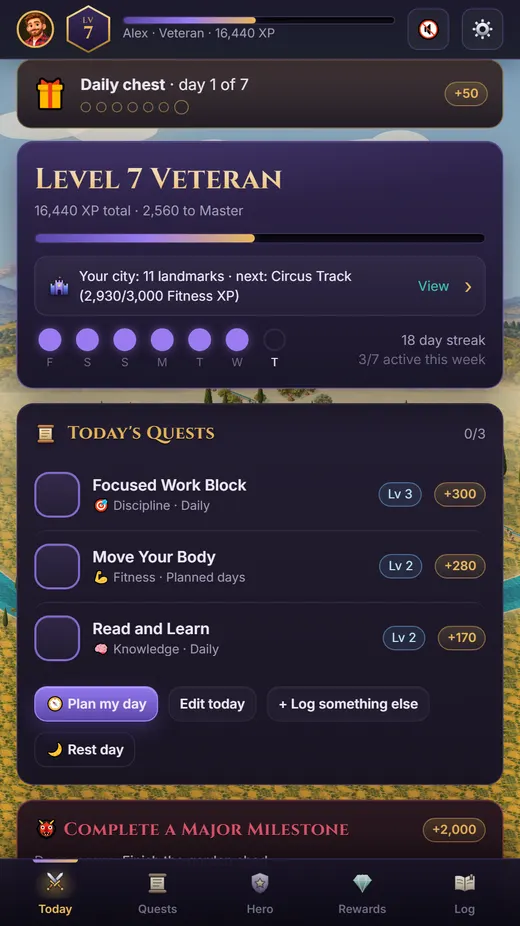 Life RPG on a phone: today's quests, level 7 and an 18-day streak.