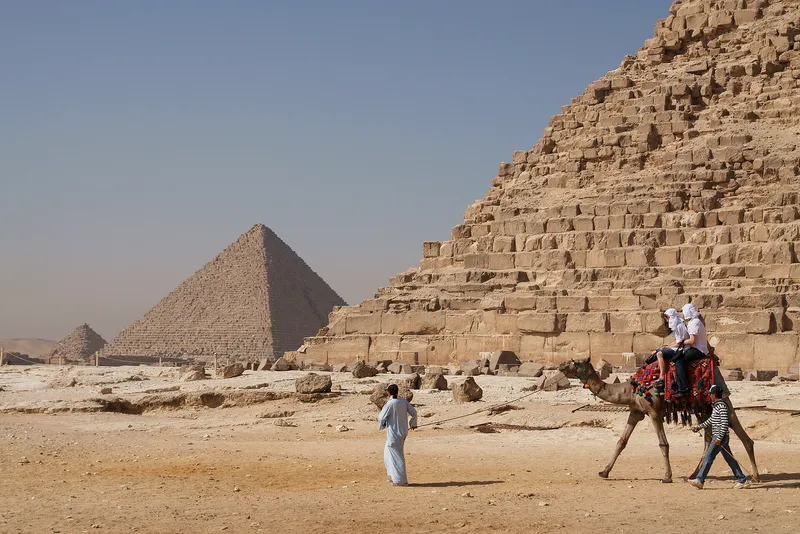 A camel ride in front of the pyramid of Khafre at Giza.