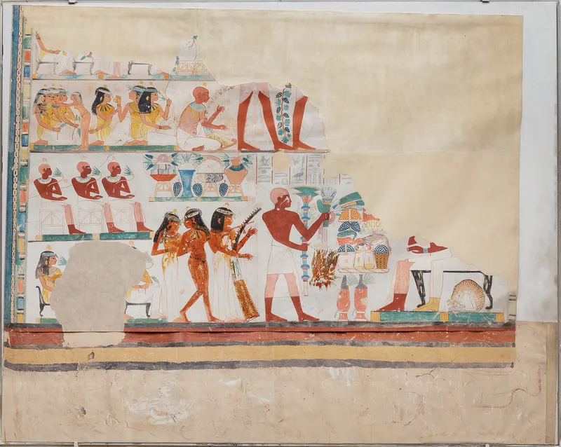 Musicians at a banquet, copied from the tomb of Nakht by a modern artist.