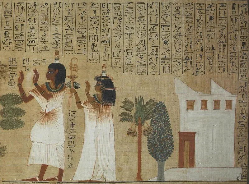 The scribe Nakht and his wife pray in their garden, beside their house, in his Book of the Dead.