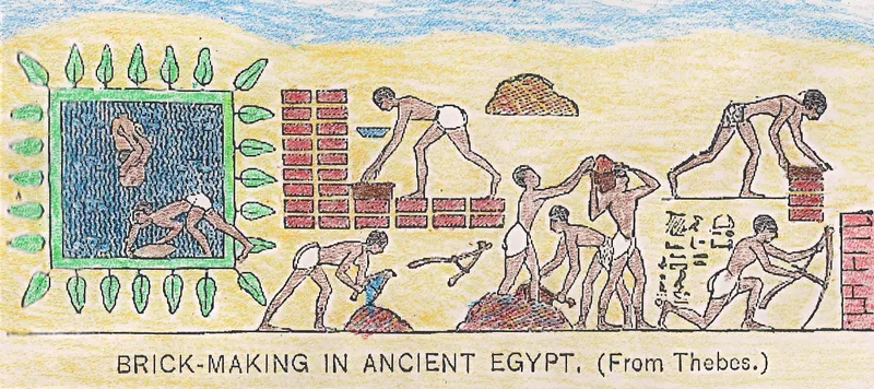 Making mud bricks, copied from an ancient tomb painting for a history book in 1890.