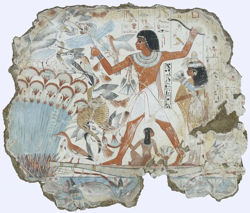Nebamun hunts birds from a small papyrus boat, in a painting from his tomb. British Museum, London.