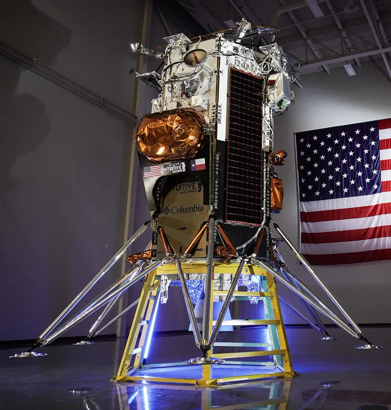 A model of the Nova-C lunar lander, which landed on the Moon in 2024 as part of NASA's Commercial Lunar Payload Services.