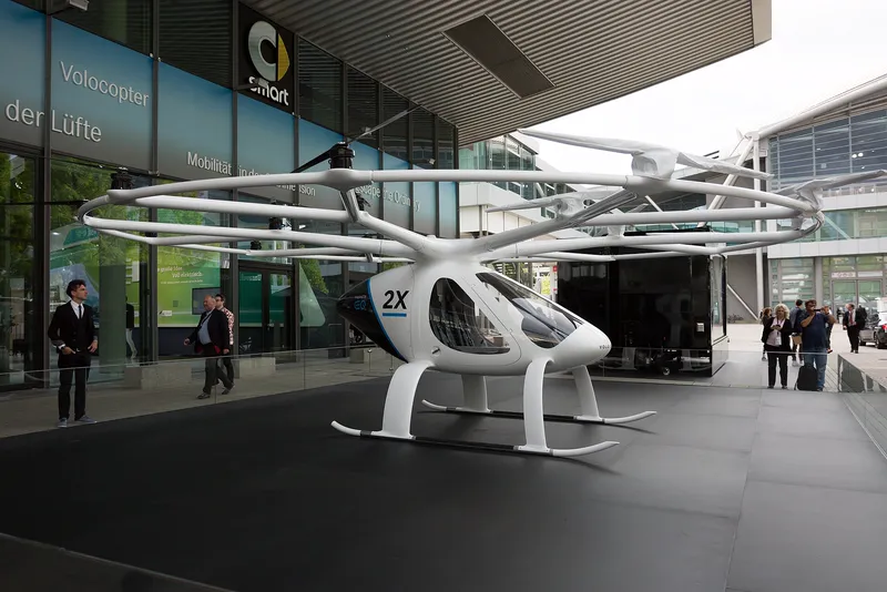 A Volocopter, an electric air taxi prototype with many small rotors, at a motor show in Frankfurt.