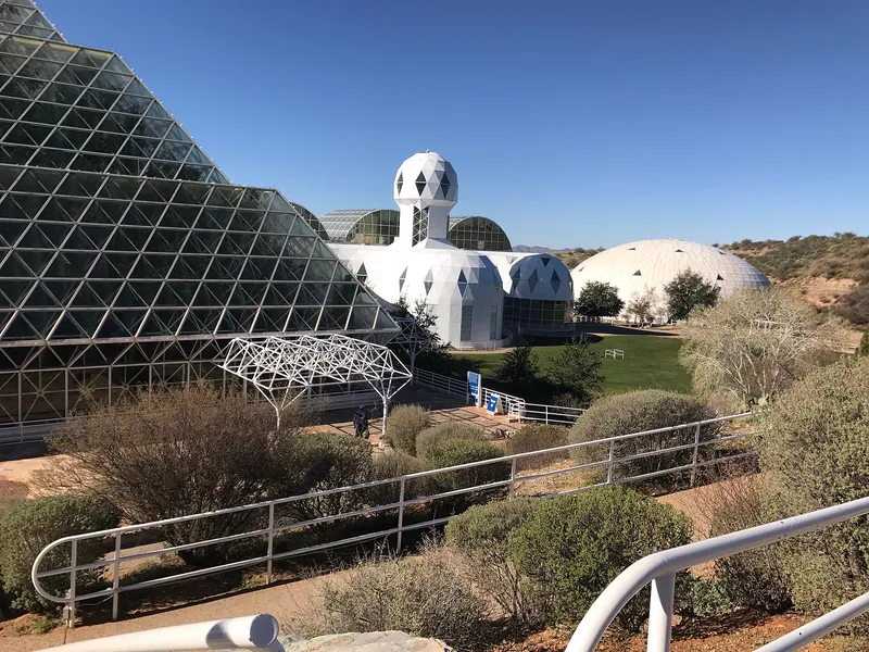 Biosphere 2 in Arizona, a sealed glass-and-steel world where eight people lived from 1991 to 1993.