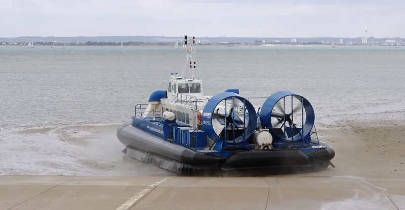 A hovercraft at the hoverport in Ryde, on the Isle of Wight, England, which has a passenger hovercraft service.