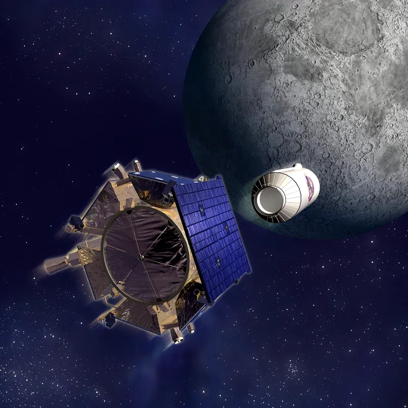 An artist's view of the LCROSS mission, which crashed a rocket stage into a lunar crater in 2009 and detected water.