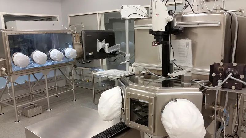 Glove boxes in NASA's Lunar Sample Laboratory, where Moon rocks are handled without touching the air.