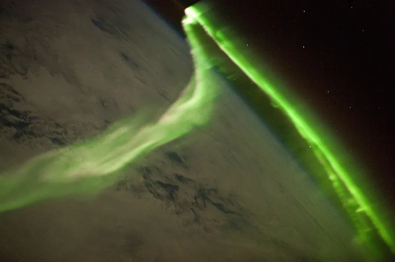 The southern lights (aurora australis) seen from the International Space Station.