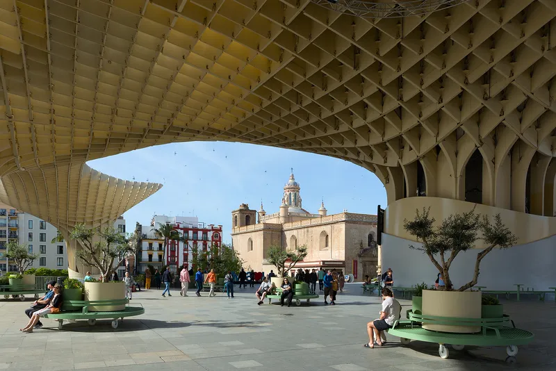The Metropol Parasol in Seville, Spain, a giant wooden shade structure nicknamed "the mushrooms".