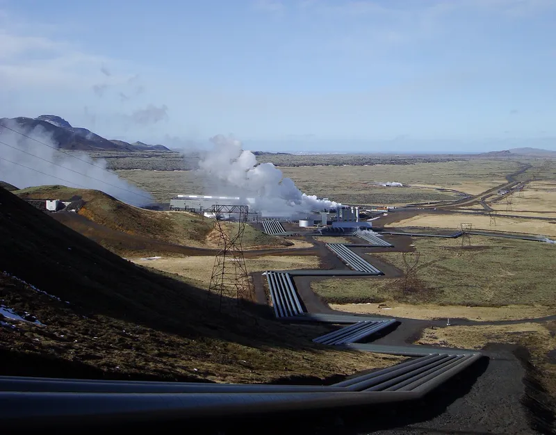 Hellisheiði geothermal power station in Iceland, which also supplies hot water for heating Reykjavík.