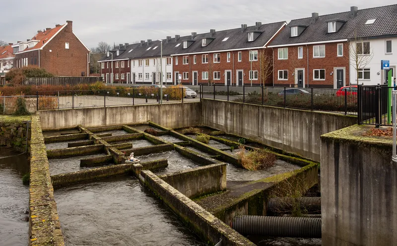 A fish ladder beside a hydropower plant in Roermond, Netherlands, letting fish swim past.
