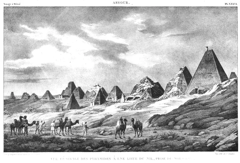 The pyramids of Meroë, a city of the kingdom of Kush, drawn by a traveler in 1821.