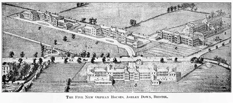 George Müller's five orphan houses at Ashley Down in Bristol, England, in an old engraving.