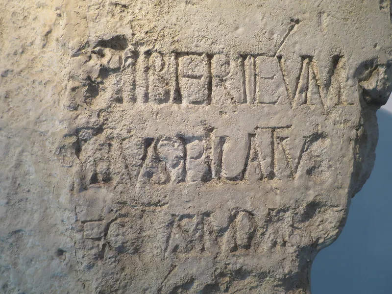 A copy of the Pilate Stone, carved with the name of Pontius Pilate. The original is in the Israel Museum in Jerusalem.