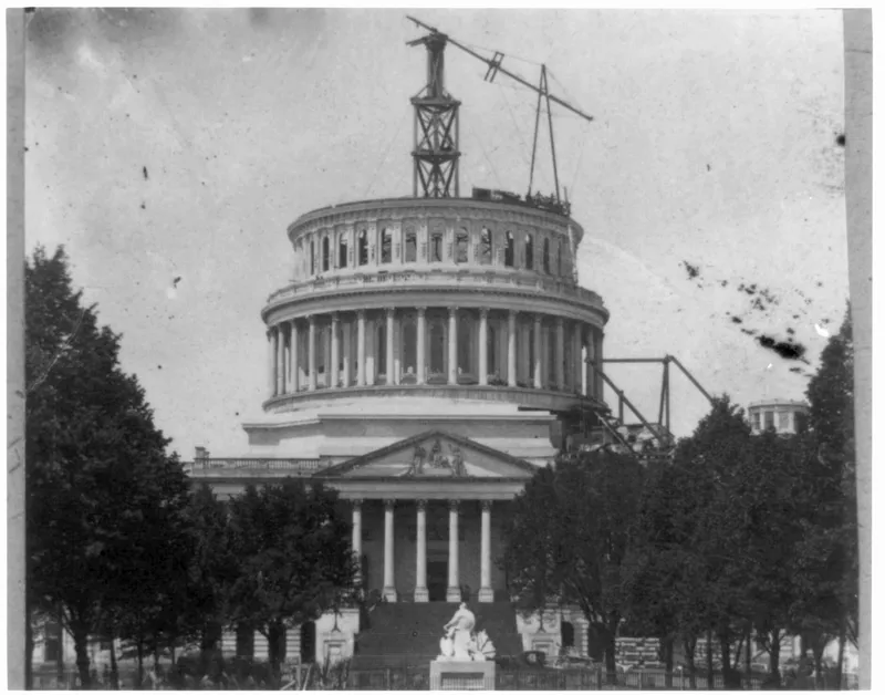 The dome of the United States Capitol under construction during the Civil War.