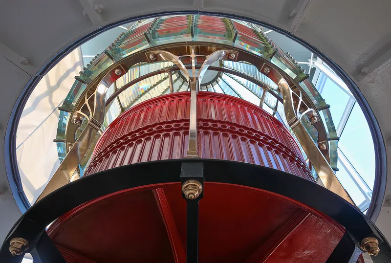 A first-order Fresnel lens, made of rings of glass prisms, at Point Reyes Lighthouse, California.