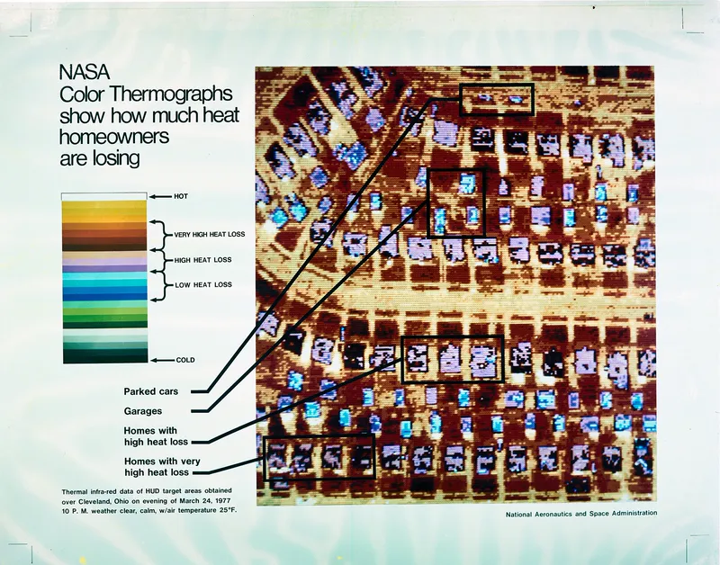 A thermal image from above, with colors showing which homes are losing the most heat.