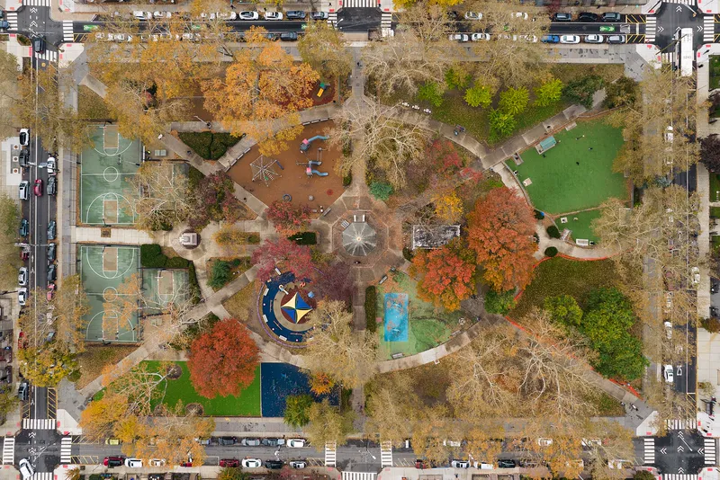 A neighborhood park in Hoboken, New Jersey, seen from above.