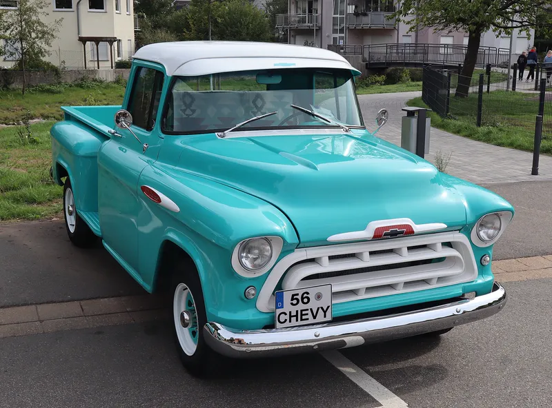 A 1956 Chevrolet pickup. Older pickups were lower and smaller than many of today's.