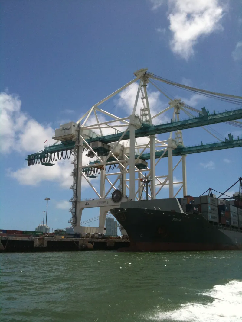 Giant gantry cranes unloading shipping containers at the Port of Miami.