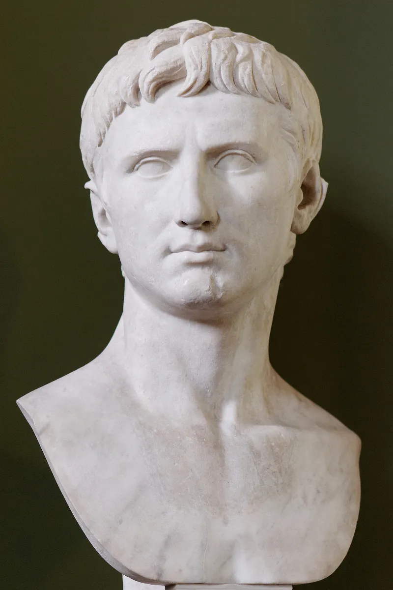 A marble portrait head of Augustus, the first emperor.