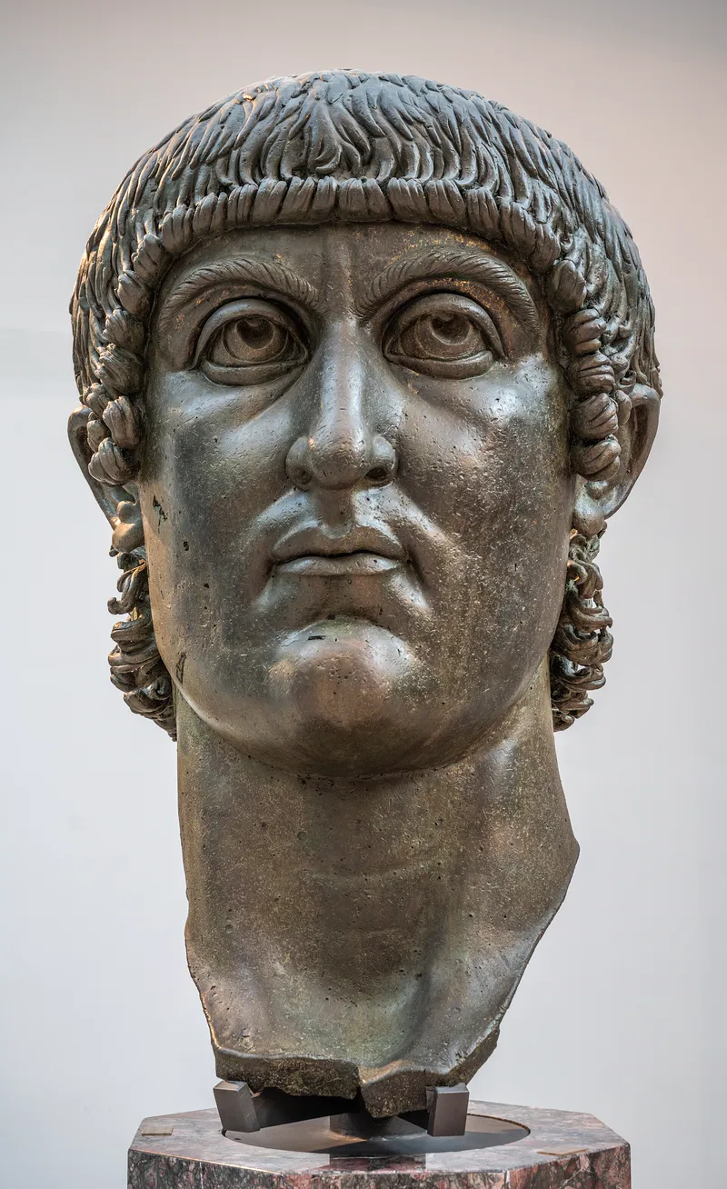 A bronze portrait head of the emperor Constantine.