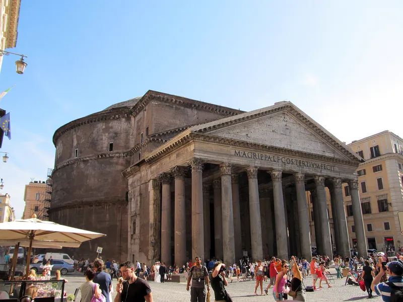The Pantheon's columned porch. The inscription names Marcus Agrippa.