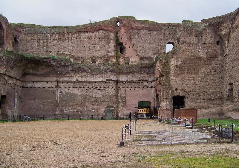 The massive brick walls of the Baths of Caracalla in Rome, opened in AD 216.