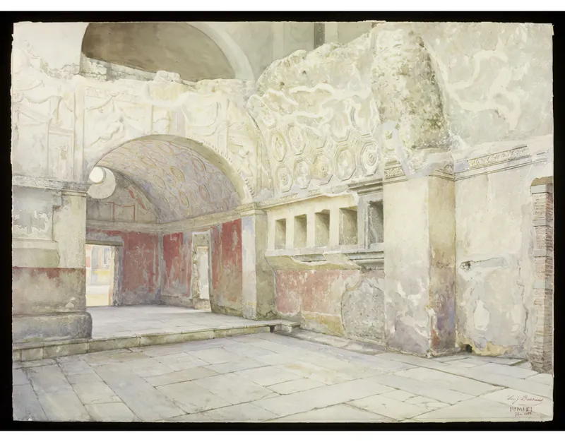A watercolor of the changing room of the Stabian Baths in Pompeii, with niches for clothes.