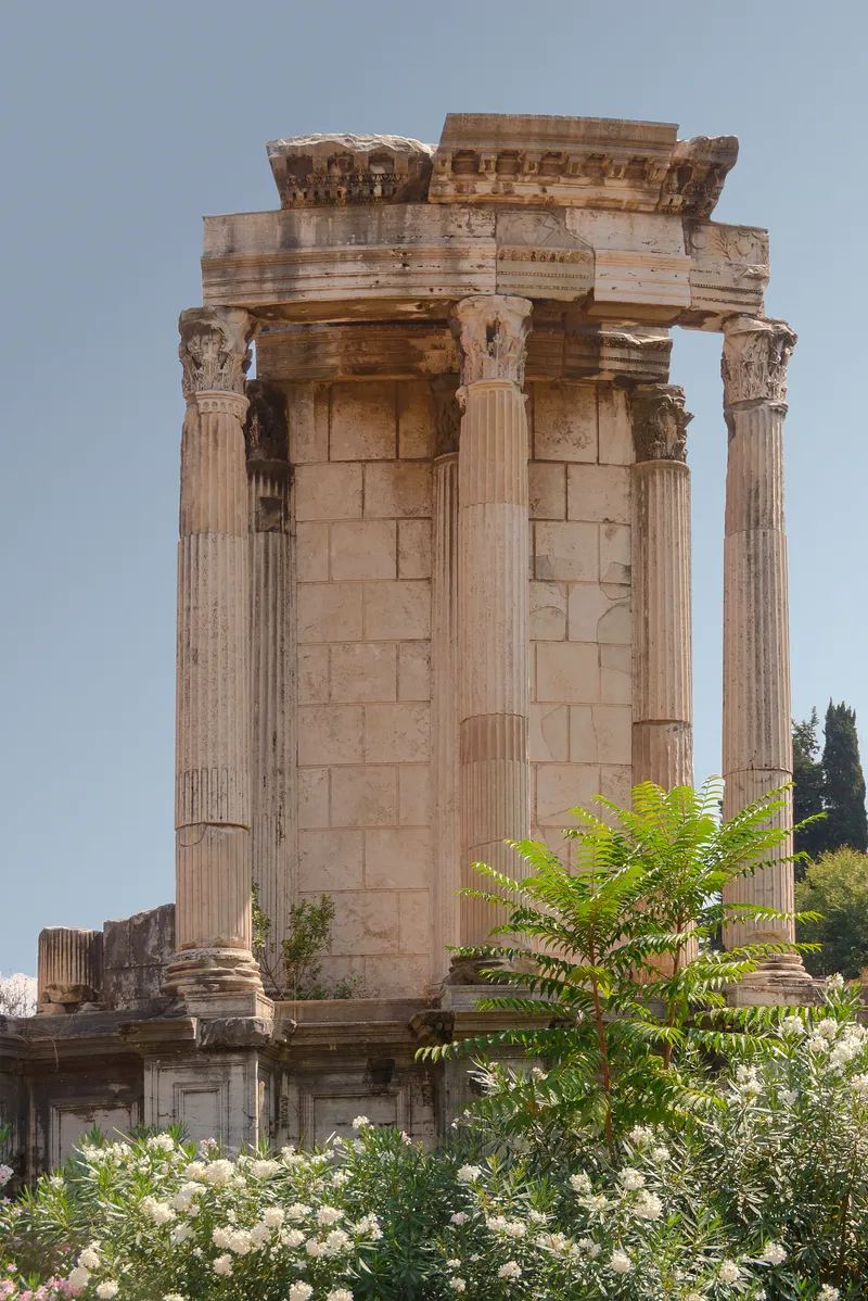 The partly rebuilt Temple of Vesta in the Roman Forum.