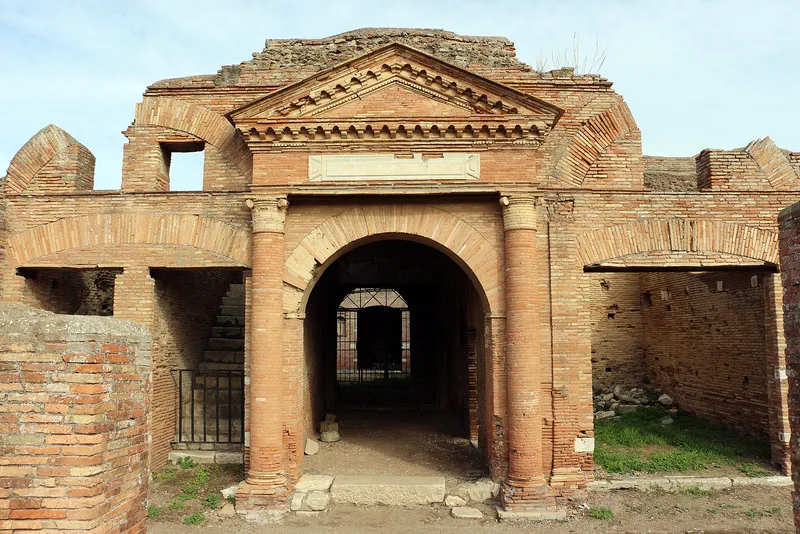 The decorated brick entrance of the Horrea Epagathiana, a warehouse in Ostia.