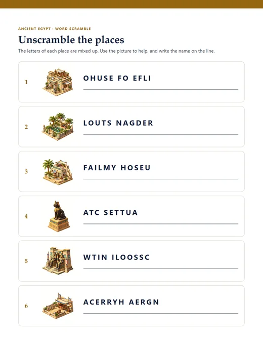 A word scramble: six places with their letters mixed up, and pictures as clues.