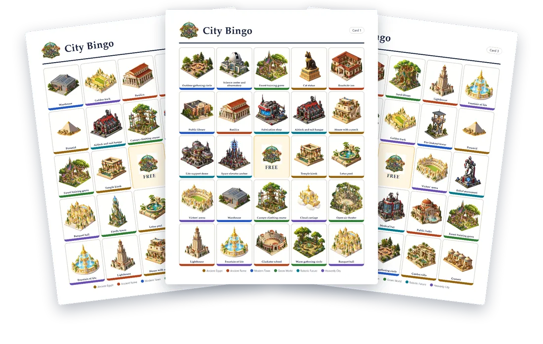 Three City Bingo cards, each a grid of pictures of places with a free square in the middle.