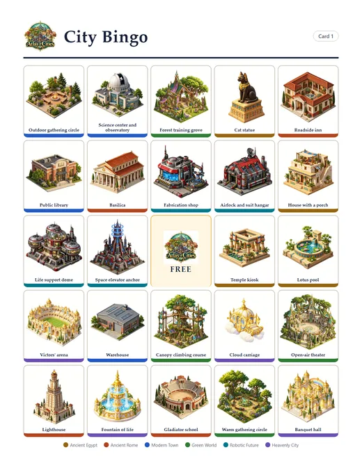 A bingo card: 24 pictures of places with their names, and a free square in the middle.