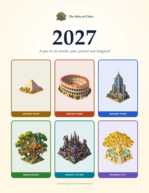The cover: 2027, with a landmark from each of the six worlds.