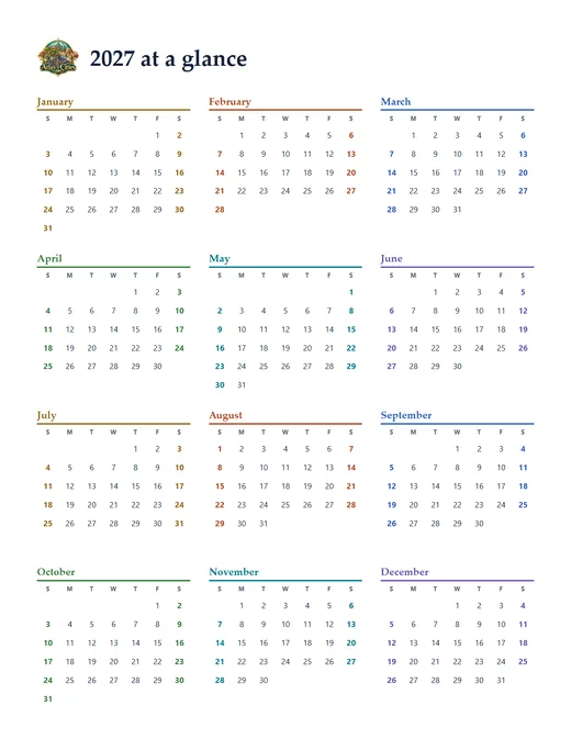 The year at a glance: all twelve months of 2027 on one page.