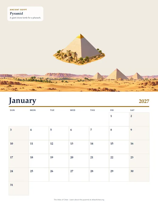 January 2027: the pyramid in its desert landscape above the month's grid.