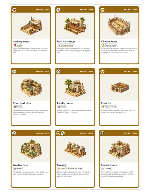 A page of nine building cards from Ancient Egypt, ready to cut out.