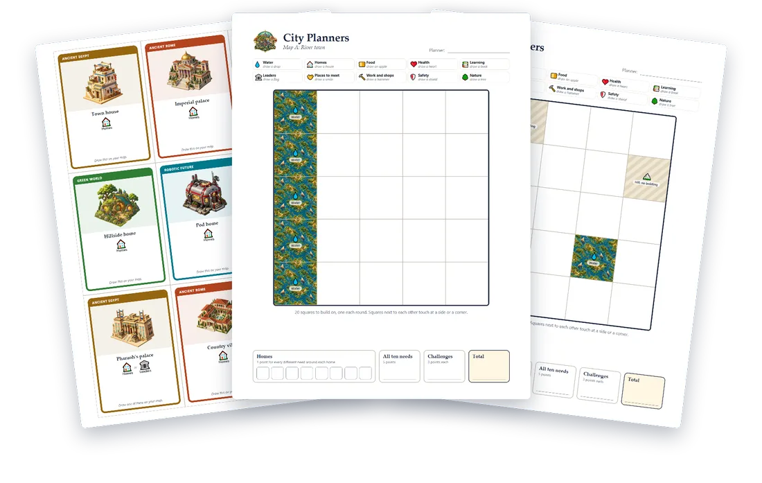 A City Planners map with a river down one side, between two pages of building cards.