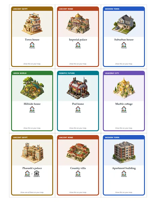 A page of building cards from every world, each showing the needs it can meet.