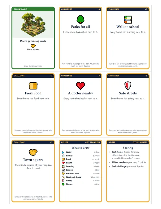 Challenge cards such as Parks for all and Walk to school, and two helper cards.