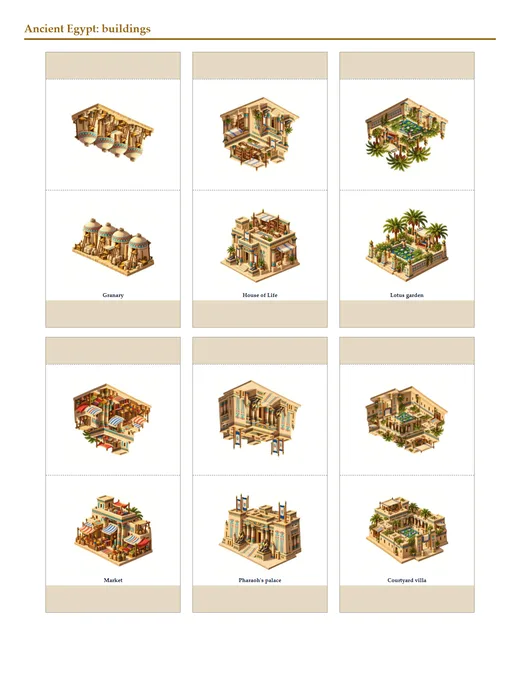 Six stand-up buildings from Ancient Egypt to cut out and fold, such as the granary and the House of Life.