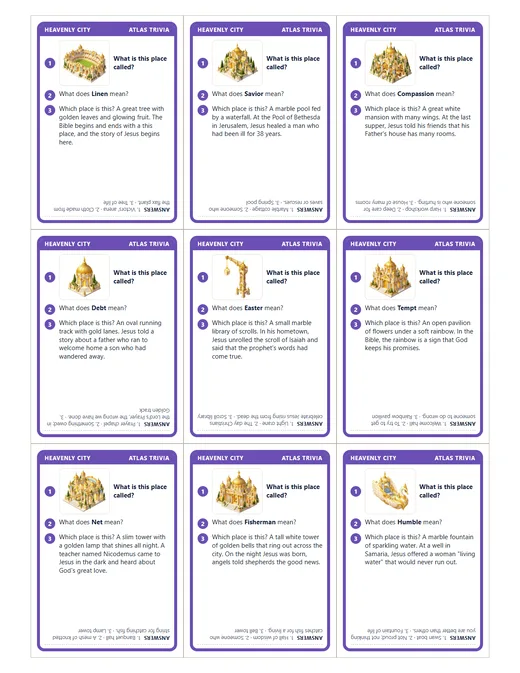 Nine question cards from the Heavenly City.