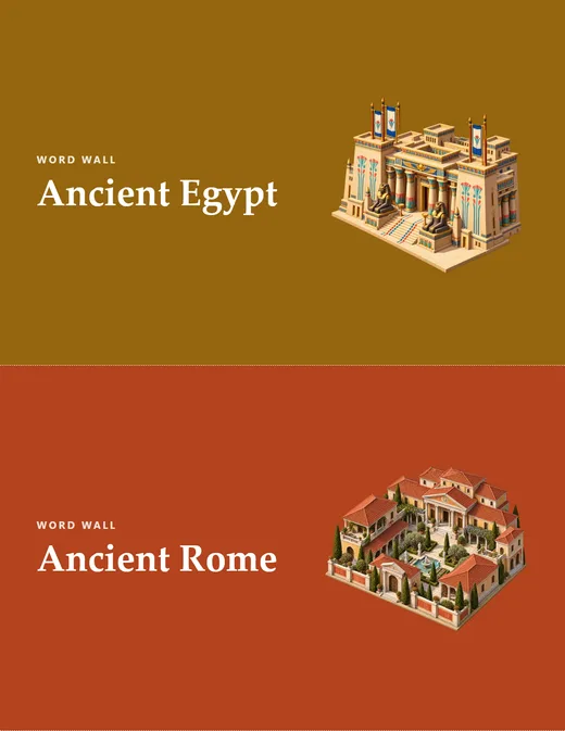 Two world banners, Ancient Egypt and Ancient Rome, with a landmark picture.