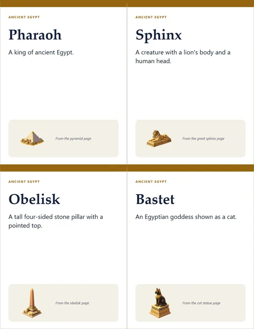 Four word cards from Ancient Egypt: Pharaoh, Sphinx, Obelisk and Bastet, each with a definition and a picture.
